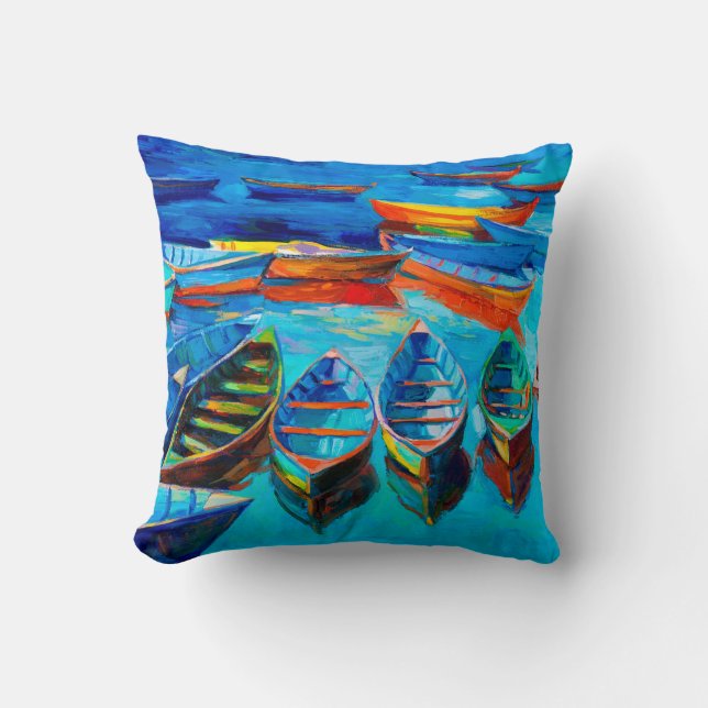 Almofada  pintura a óleo de barcos e mar na canvas. Sunset (Frente)