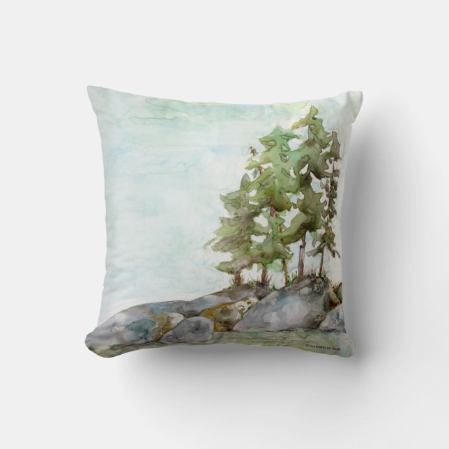Almofada Pintura aquosa de rochas e pinheiros BWCAW (Frente)