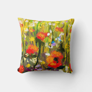Almofada Pintura de Abstrato de Campo de Poppies Vermelhos