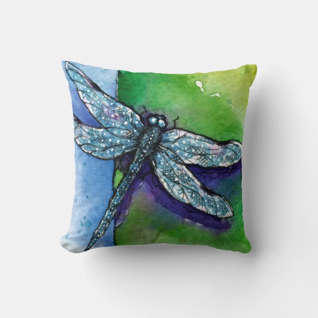Almofada Pintura de cor verde-clara-azul-Dragonfly (Frente)