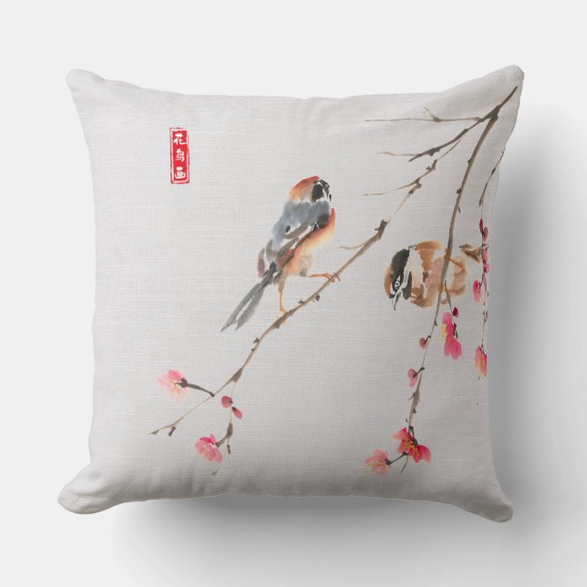 Almofada Pintura de Flor de Aves Russo Chinoiserie Watercol (Frente)