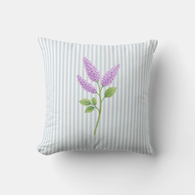 Almofada Pintura de Flor de Lilás Roxo Faixa Azul (Frente)