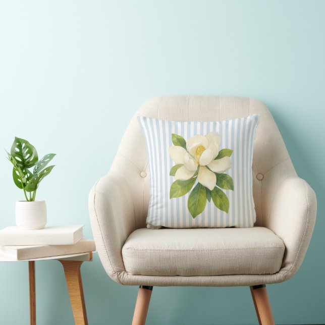 Almofada Pintura de Flor de Magnólia Listra Azul (Cadeira)