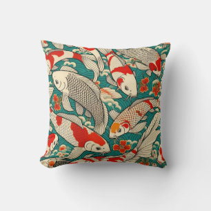 Almofada Pintura de padrão de peixe Koi japonês Vintage