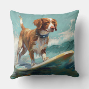 Almofada Pintura de Surf na Praia com Brittany Spaniel