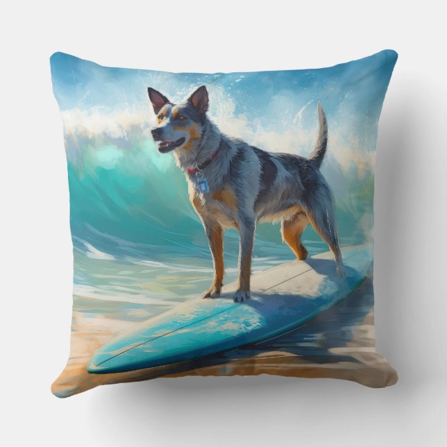 Almofada Pintura de Surfe em Praia Blue Heeler (Verso)