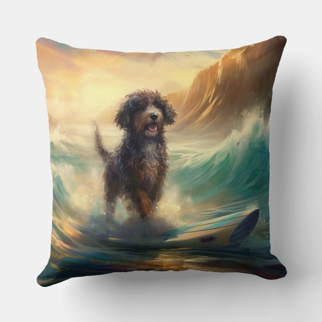 Almofada Pintura de surfe na praia de Bernedoodle (Verso)