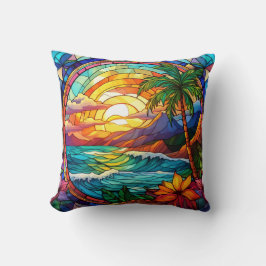 Almofada pintura de vidro colorido em praia tropical