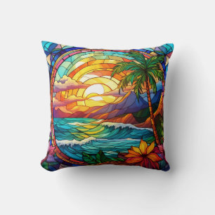 Almofada pintura de vidro colorido em praia tropical