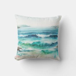 Almofada Pintura em Aquarela de Ondas do Oceano na Praia