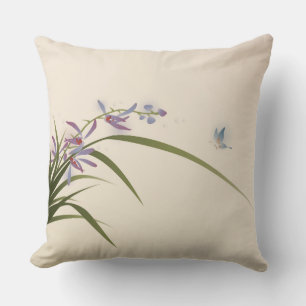 Almofada pintura em estilo oriental, orquídea e borboleta