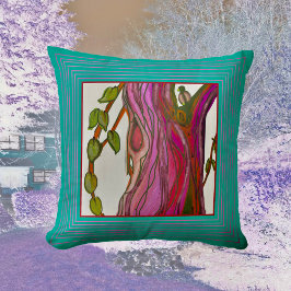 Almofada Pintura Estilizada Azul-Verde de Árvore e Pássaro