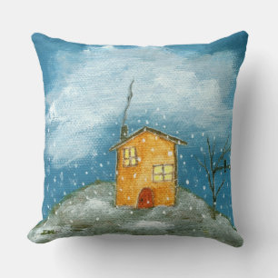 Almofada Pintura Folclórica de Árvore de Neve em Casa Branc