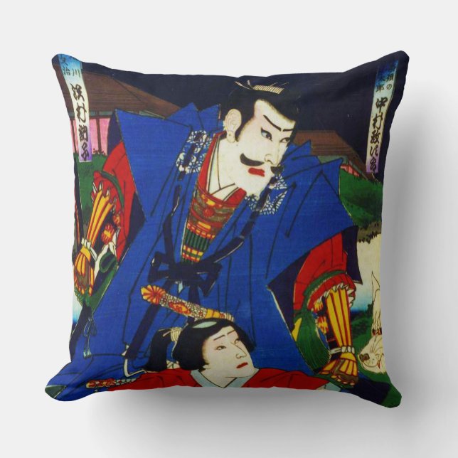 Almofada Pintura japonesa velha de Ukiyo-e de um samurai (Frente)