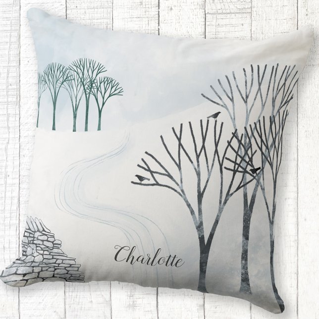 Almofada Pintura personalizada da paisagem da neve do inver (Winter landscape snow scene personalized custom name throw pillow)