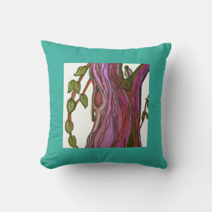 Almofada Pintura tropical azul-verde de árvore e pássaro