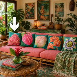 Almofada Pintura Vibrante Flor de Gengibre Tropical em Azul