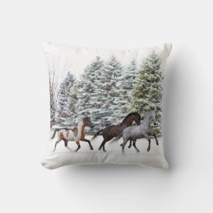 Almofada Piscando na neve - Trabalho de arte de cavalos em