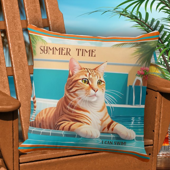 Almofada Piscina de Ginger Ginger Engraçado no Verão (Pillow featuring an illustration of a funny ginger cat in a swimming pool - happy summer pillow)