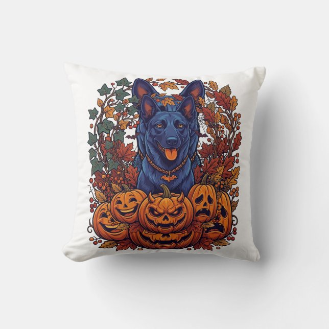 Almofada Pitbull Azul Abóboras de Halloween Folhas de Outon (Frente)