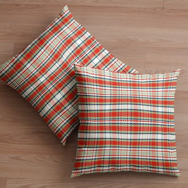 Almofada Plaid Simples de Férias Rústicas Xadrez Vermelho V (Rustic red and green plaid simple minimalist throw pillow)