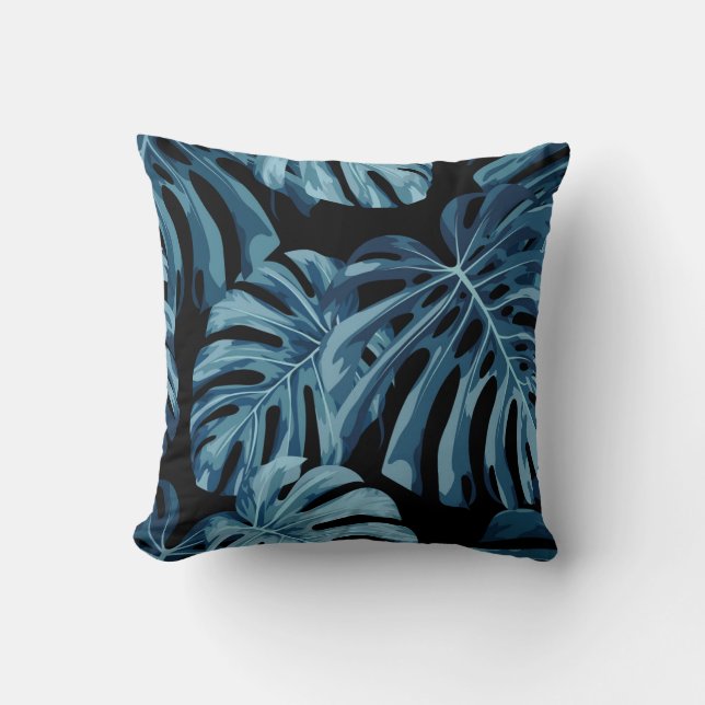 Almofada Planta de Monstera: padrão das folhas azuis. (Frente)