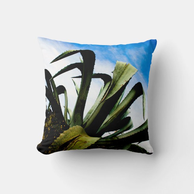 Almofada Planta Verde Aloe com Céu Azul Brilhante (Frente)