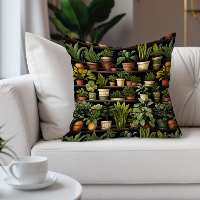Almofada Plantas De Caserna Jardinando Castanho Verde Preto (Potted succulents on black decorator pillow)