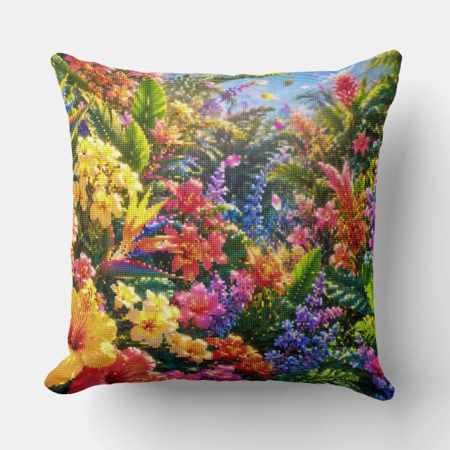 Almofada Plantas e Flores Tropicais em um Dia Ensolarado (Frente)