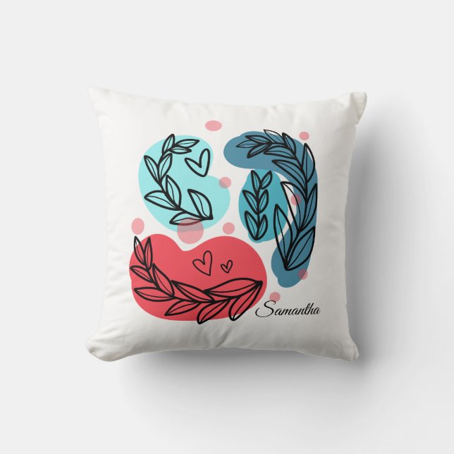 Almofada Plantas Vermelhas E Azuis-Abstrato (Frente)