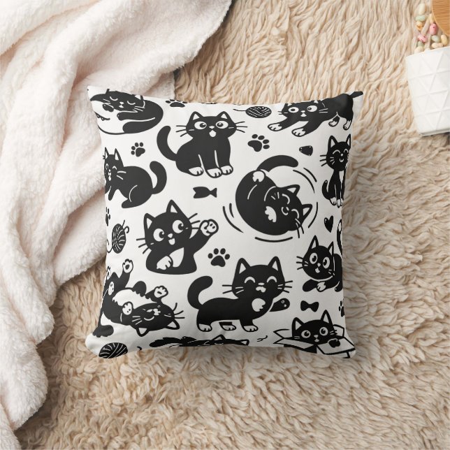 Almofada Playful Black Cat Silhouette Pattern Throw Pillow (Cobertor)