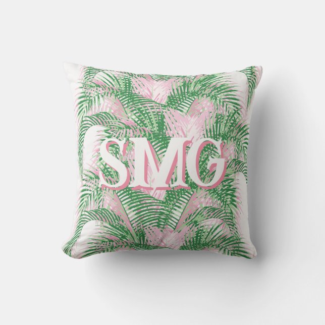 Almofada Plume Palm Fronds in Pink + Green Personalized (Frente)