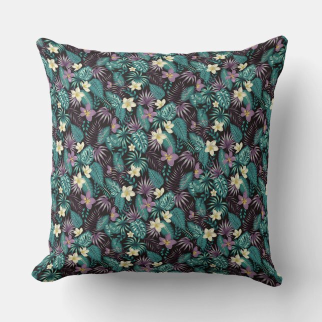Almofada Plumeria Flowers Emerald Green - Folhas Tropicais (Frente)