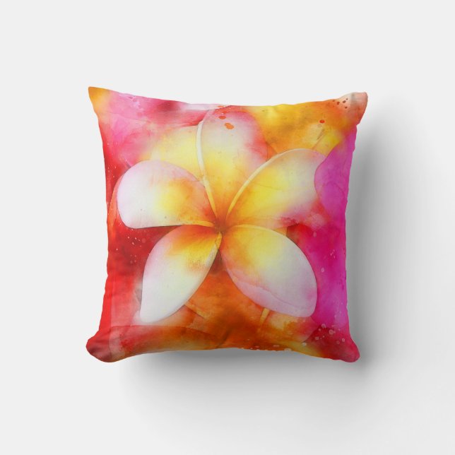 Almofada Plumeria Havaiana em Rosa Néon, Amarelo e Branco (Frente)