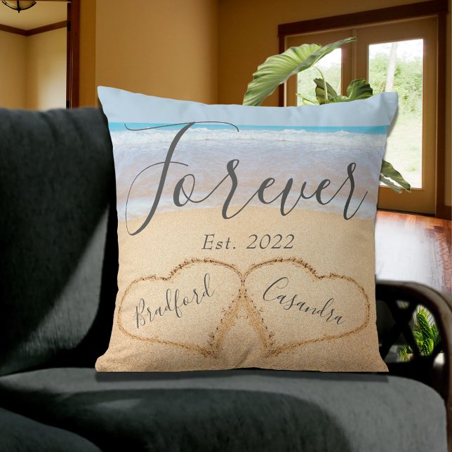 Almofada Poeira Azul Chic Praia Casais Corações Areia  (Criador carregado)