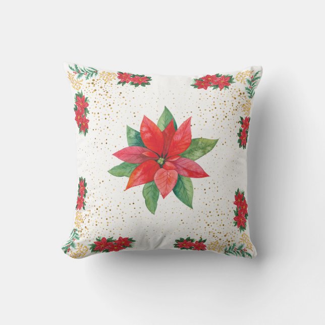 Almofada Poinsétia Vermelha e Dourada de Natal (Frente)