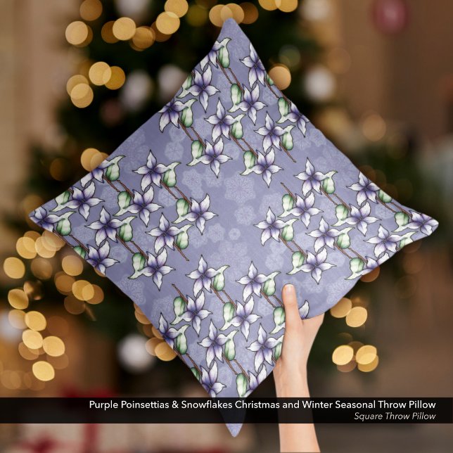 Almofada Poinsetos roxos e flocos de neve no Natal (Purple Poinsettias & Snowflakes Christmas and Winter Season Throw Pillow)