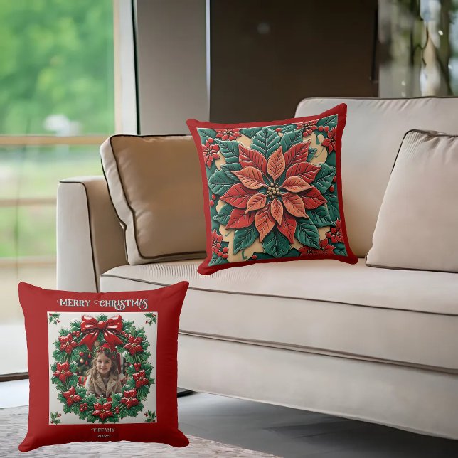 Almofada Poinsettia em Travesseiro Vermelho (Criador carregado)