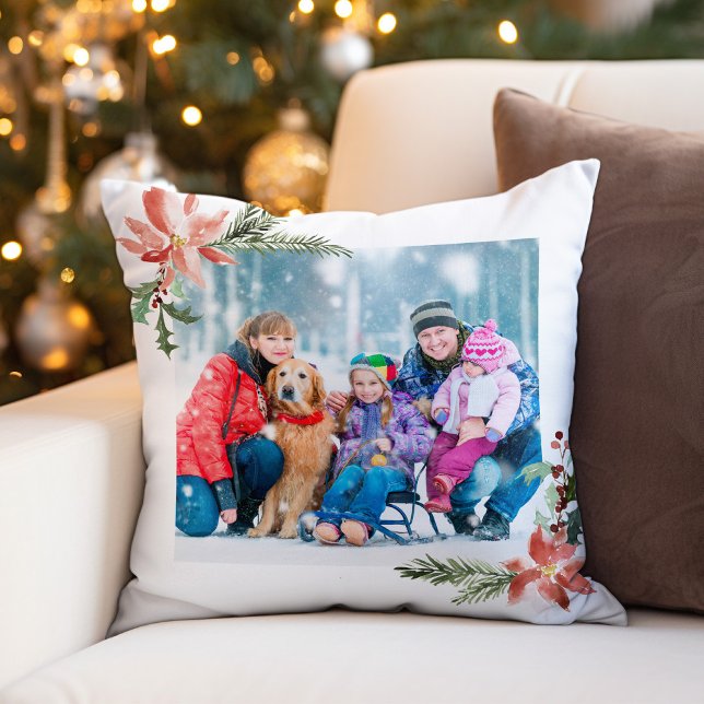 Almofada Poinsettia Watercolor Foto Botânica Natal (Criador carregado)
