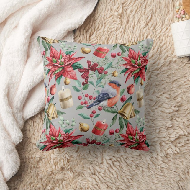 Almofada Poinsettia Winter Bird Holiday Patterno (Cobertor)