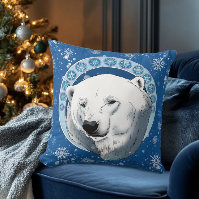 Almofada Polar Bear Snowflakes Art Nouveau (Criador carregado)
