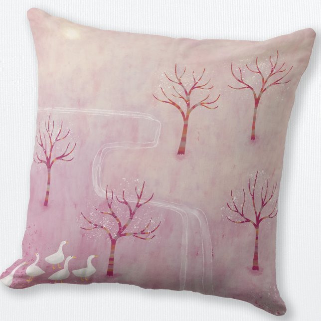 Almofada Pomar rosa com pintura paisagística em gansos (Geese in the Orchard pink landscape art throw pillow)