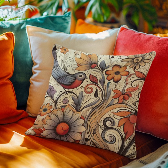 Almofada Pombo e Design Floral Verão (Pigeon and Floral Design Summer Throw Pillow)