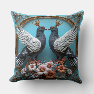 Almofada Pombos Majestosos com Coroas Aves Reais Elegantes