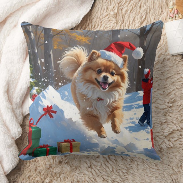 Almofada Pomerânia Correndo na Neve com Chapéu de Natal (Cobertor)