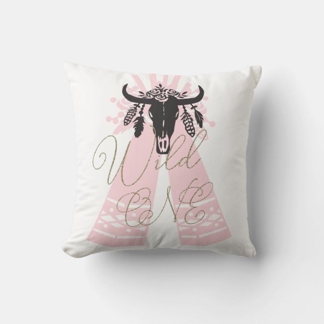 Almofada Ponta de Tenda Rosa e Preta Boho Chic Selvagem ÚNI (Frente)