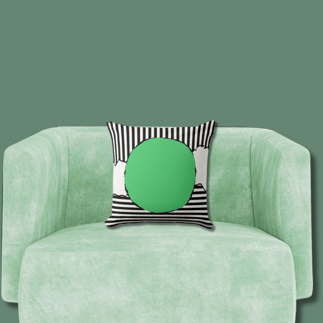Almofada Ponto Verde de Listras Negras e Brancas Modernas (Green Centered Circle Pillow)