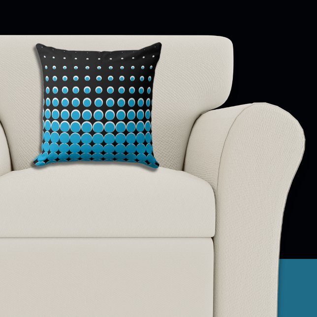 Almofada Pontos Ascendentes Modernos Preto e Azul (Pillow, Black and Blue Halftone Pattern)