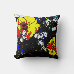 Almofada pop, estilo de arte, flores vermelhas, azuis e bra