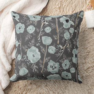 Almofada Poppies Aquarela Floral Azul Floral Flor Preto